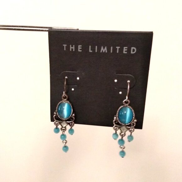 Vintage Teal Blue Beads Silver Tone Dangle Drop Earrings Timeless VTG Jewelry - Picture 4 of 5
